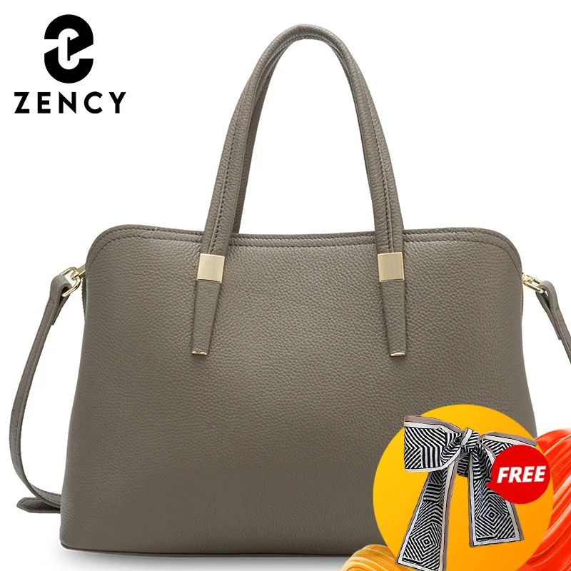 Zency Women Casual Tote Handbag 100% Genuine Leather Fashion Grey Lady Shoulder Crossbody Bag High Quality Office Bags Black