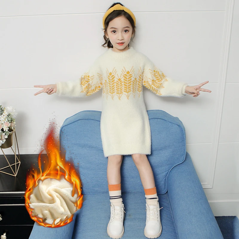 

Свитер для девочек, детская верхняя одежда, топы, 2021, длинный стильный флисовый утепленный теплый вязаный пуловер на осень и зиму, гибкая дет...