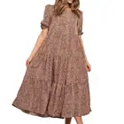 Женское винтажное платье-миди с круглым вырезом и коротким рукавом