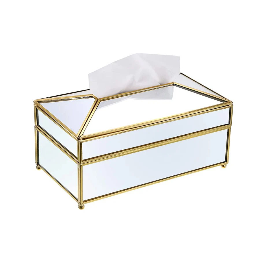 

Hot Sale Diamond Luxury In Wall Mirror Glass Paper Tissue Box Holder For Home Bedroom Gold Decoration