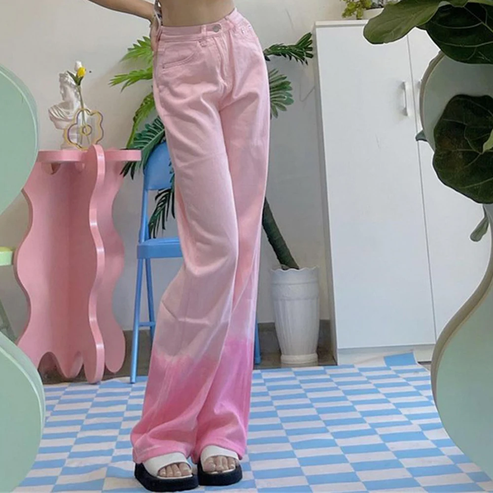 

Pink Cyber Y2k Jeans Kawaii Denim 90s Mom Pants Women Korean Gradient Preppy Style High Waist Causal Jogger Straight Trousers