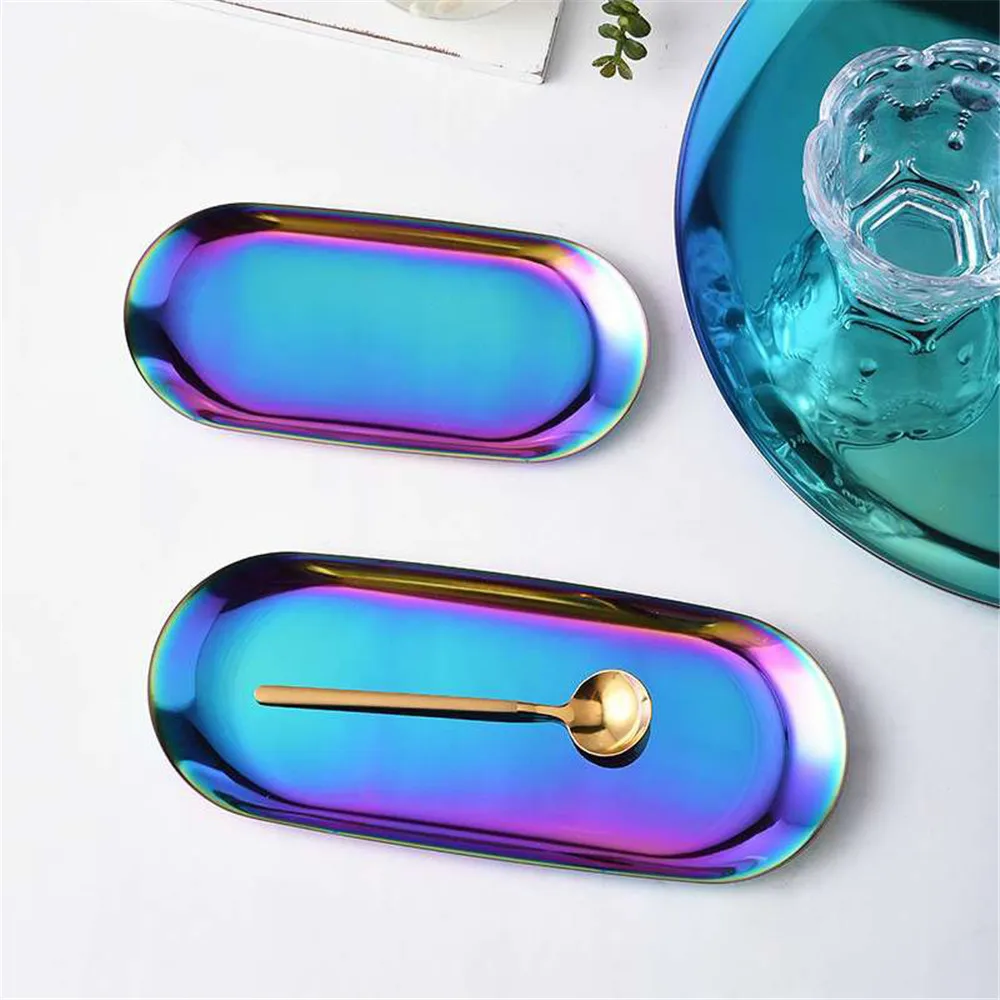 Цветной Овальный металлический поднос для хранения круглый стол десертный