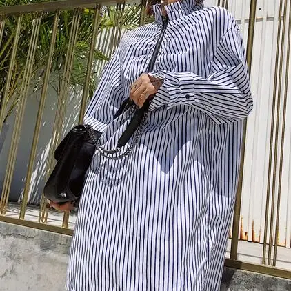 Осеннее винтажное свободное Полосатое платье-рубашка длиной до колена с