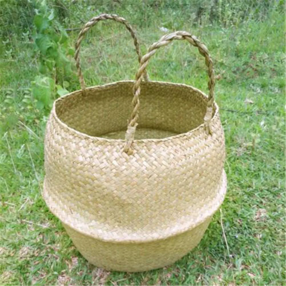 

1PCS Storage Basket Foldable Laundry Straw Handmade Basket Patchwork Wicker Rattan Belly Garden Flower Pot Vase Planter