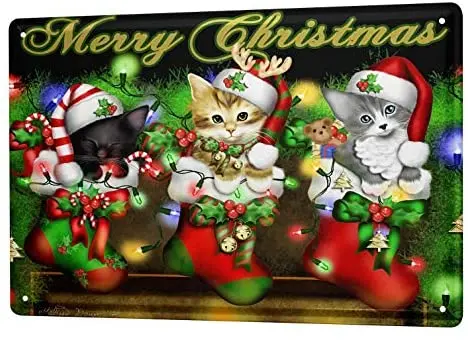 

Tin Sign Decor Plaques Santa Claus Merry Christmas Cat Metal Plate 8X12