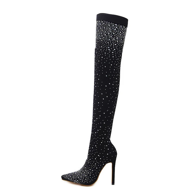 

2021 Fashion Runway Crystal Stretch Fabric Sock Boots Pointy Toe Over-the-Knee Heel Thigh High Pointed Toe Woman Boots