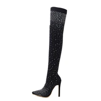 2021 fashion runway crystal stretch fabric sock boots pointy toe over the knee heel thigh high pointed toe woman boots