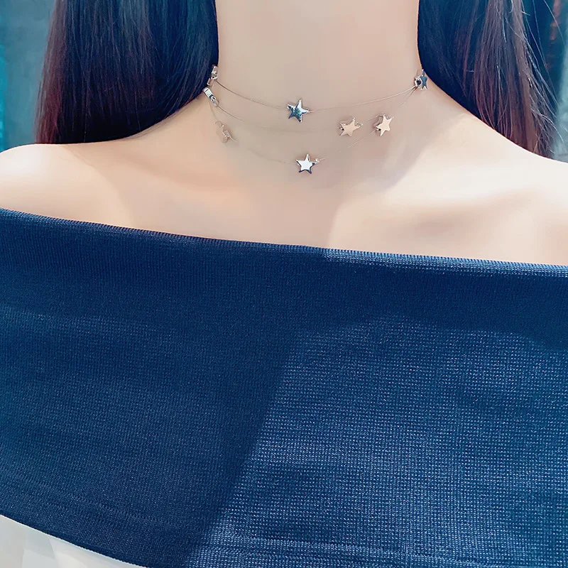 Колье ожерелье колье с двойными цепочками и звездами женское короткое в
