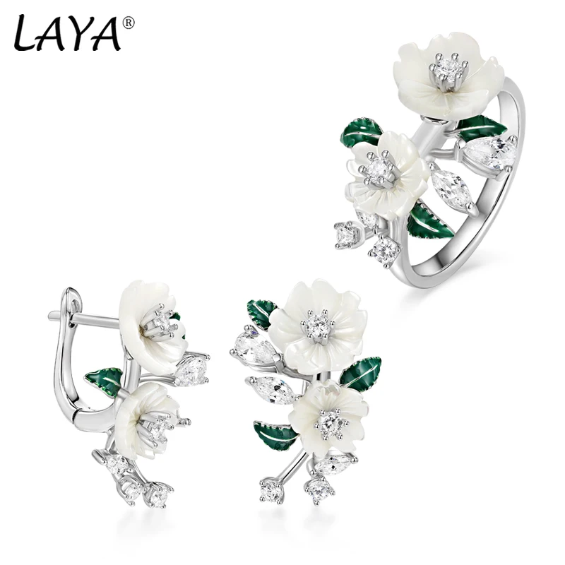 Laya 925 Sterling Silver High Quality Zircon Natural Shell Flower Green Leaf Enamel Earrings Ring Sets For Women Fashion Jewelry