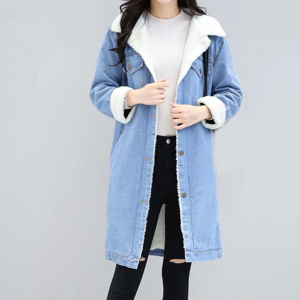 Женская джинсовая куртка с мехом синяя утепленная большого размера на флисе