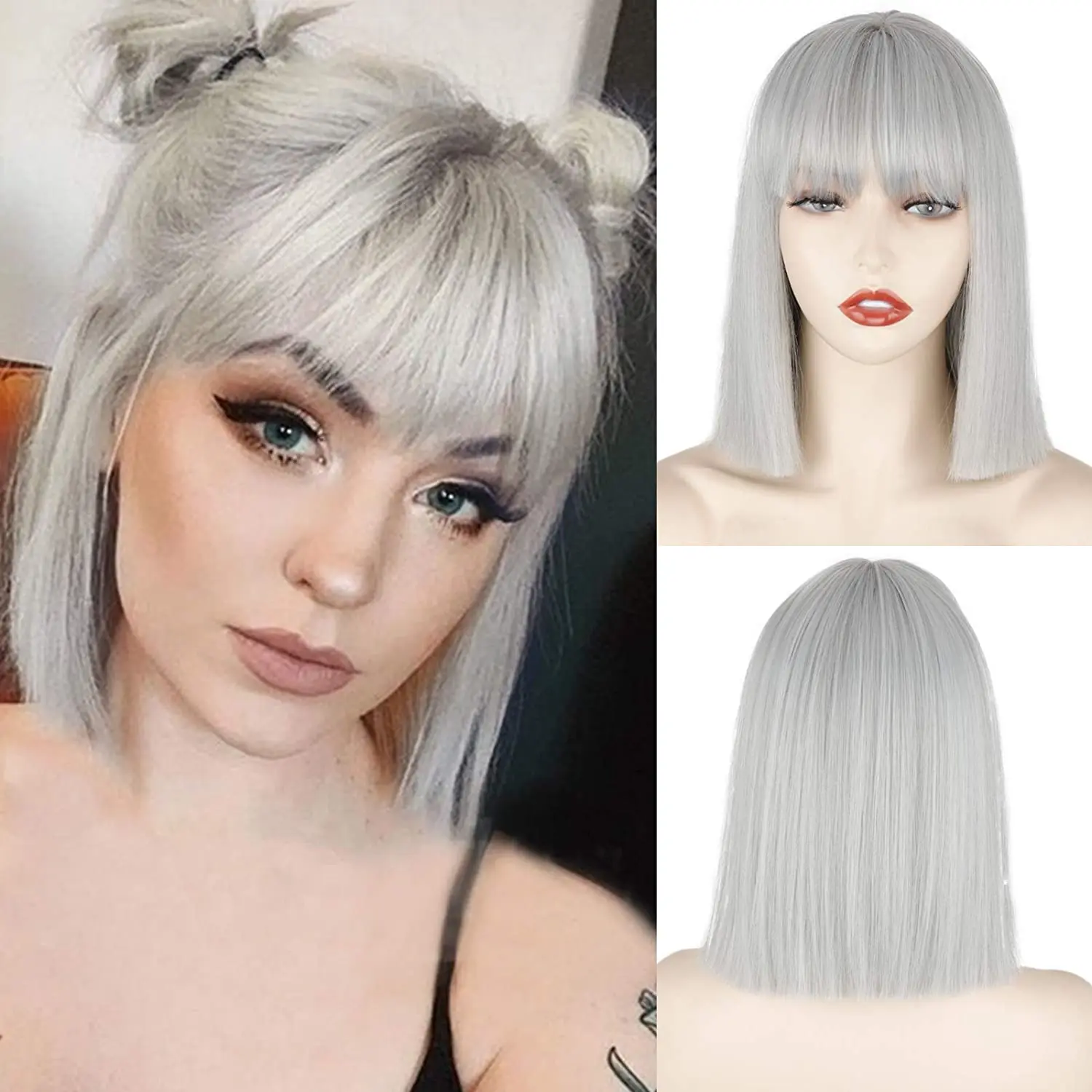 

Short Silver Gray Bob Wigs with Bangs,Short Straight Bob Silver Grey Wigs for Women,Natural Looking Cosplay Daily Party Wig