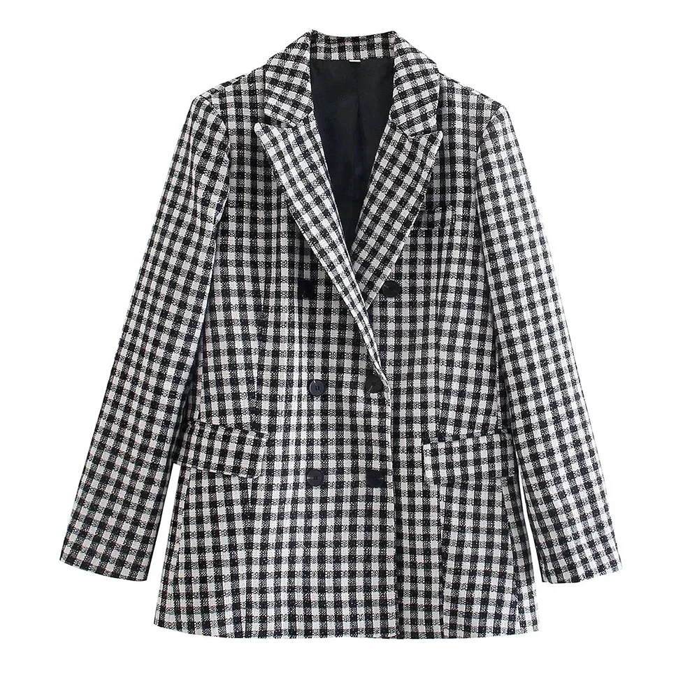 

2021 Za New Women Fashion Double Breasted Tweed Check Blazer Coat Vintage Long Sleeve Pockets Female Outerwear Chic Jacket
