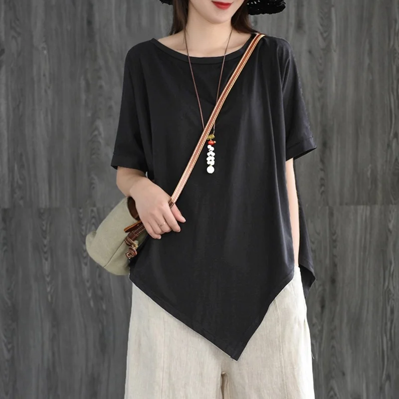 Женские китайские топы Летняя асимметричная Винтажная футболка Женская
