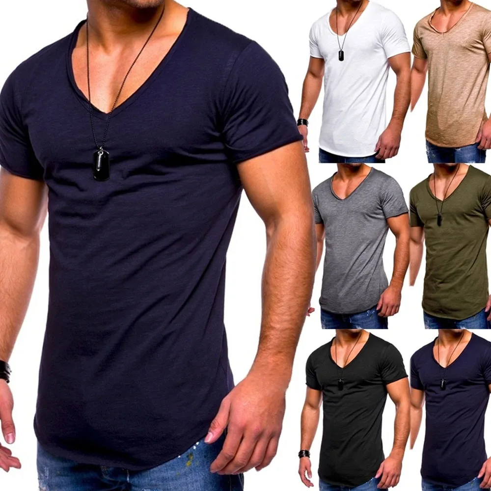 Мужские футболки с коротким рукавом v образный вырез Тонкая Повседневная