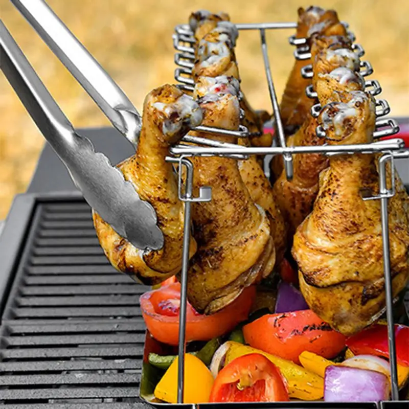 

Top Kitchen BBQ Chicken Leg Wing Rack Non-Stick 14 Slots Stainless Steel Metal Roaster Stand With Drip Tray