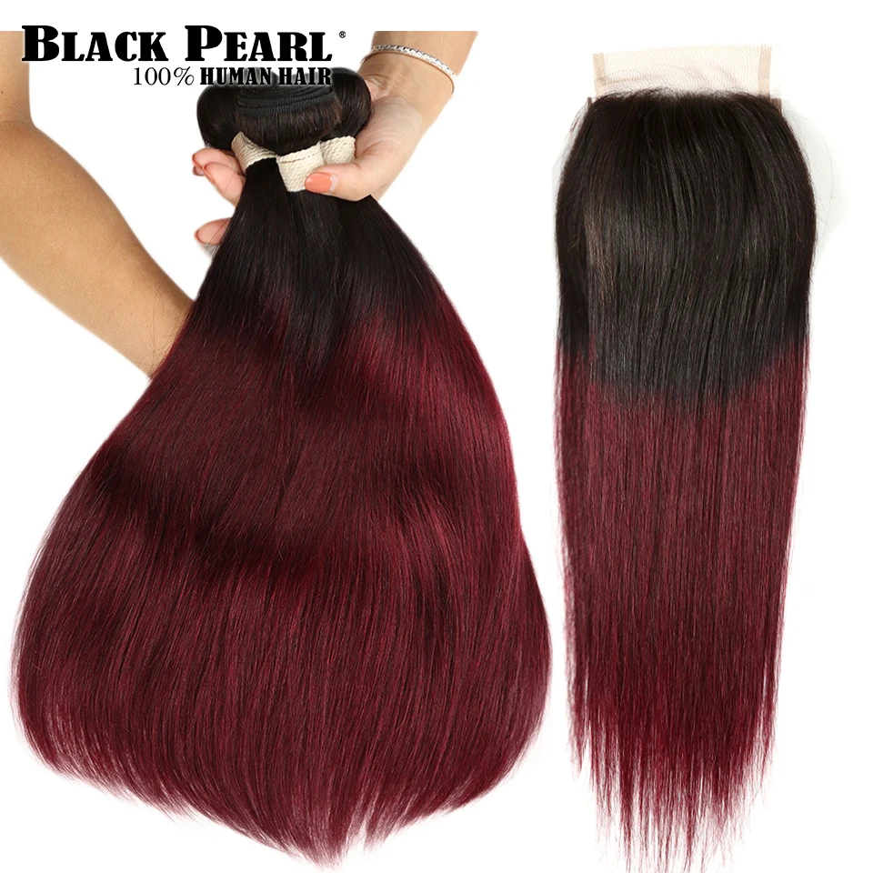 Черные жемчужные прямые пучки человеческих волос Ombre с закрытием человеческие