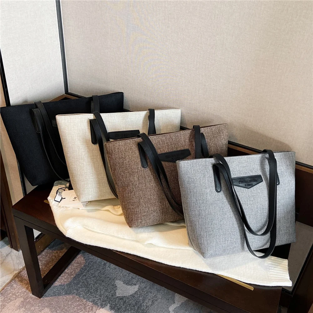

Fashion Large Capacity Shopping Shoulder Tote Bag Women Casual PU Linen Splicing Crossbody Pouch Portable Hit Color Handbags