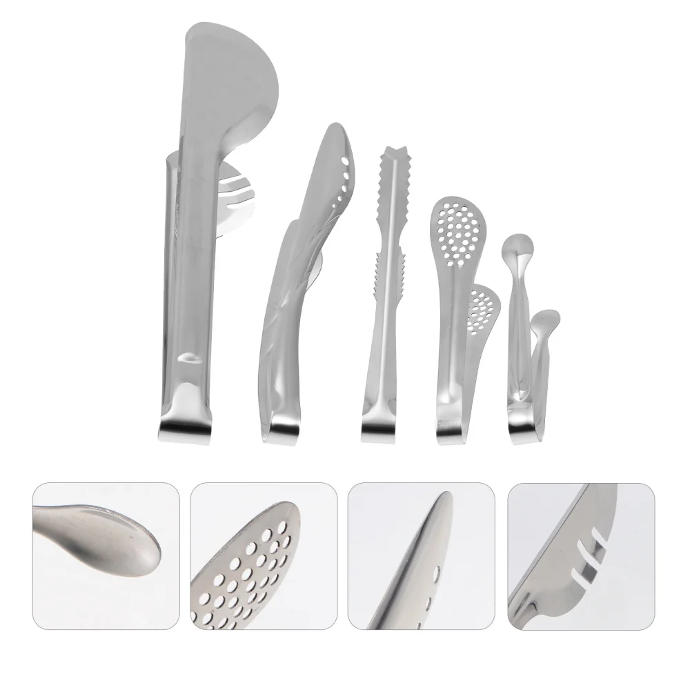 

5Pcs Stainless Steel Food Clips Ice Cube Clips Portable Biscuit Tongs (Silver)