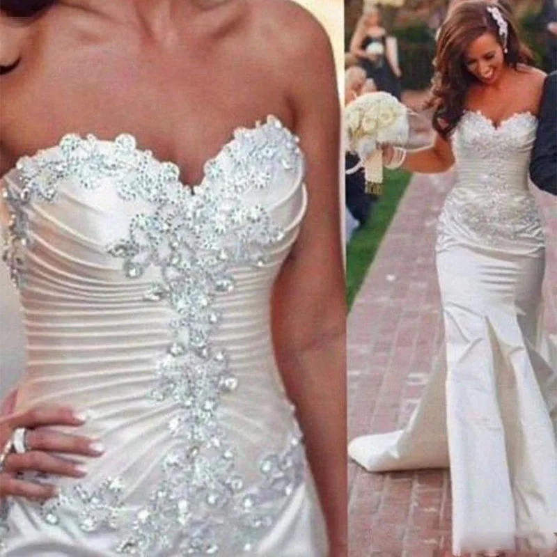 

2021 Satin Mermaid Wedding Dresses Lace Applique Beaded Sweetheart Neckline Sweep Train Custom Made Plus Size Wedding Gowns