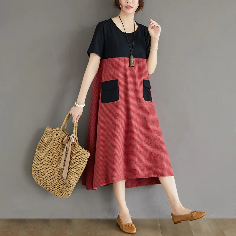 Women Cotton Linen Shirt Dress Summer Plus Size Short Sleeve Color Block Casual Art Loose Midi Robe Tunic Vestidos Kaftan Женская