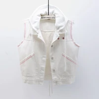 summer new white denim vest women waistcoat big pocket hooded sleeveless jacket coat korean fashion slim short jeans vest female