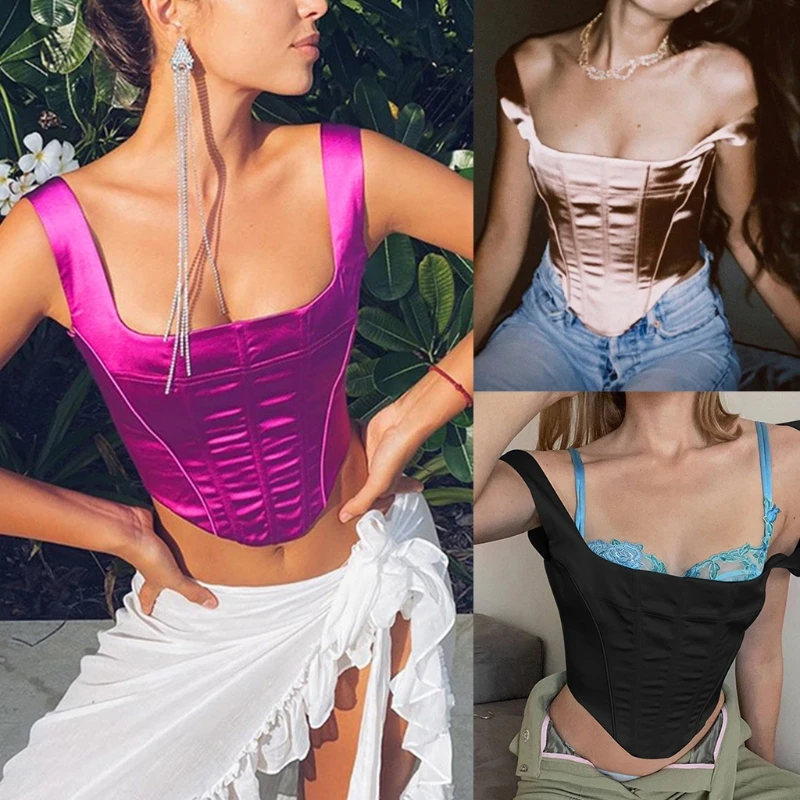 Square Collar Satin Sexy Backless Bustier Corset Crop Tops Women Sleeveless