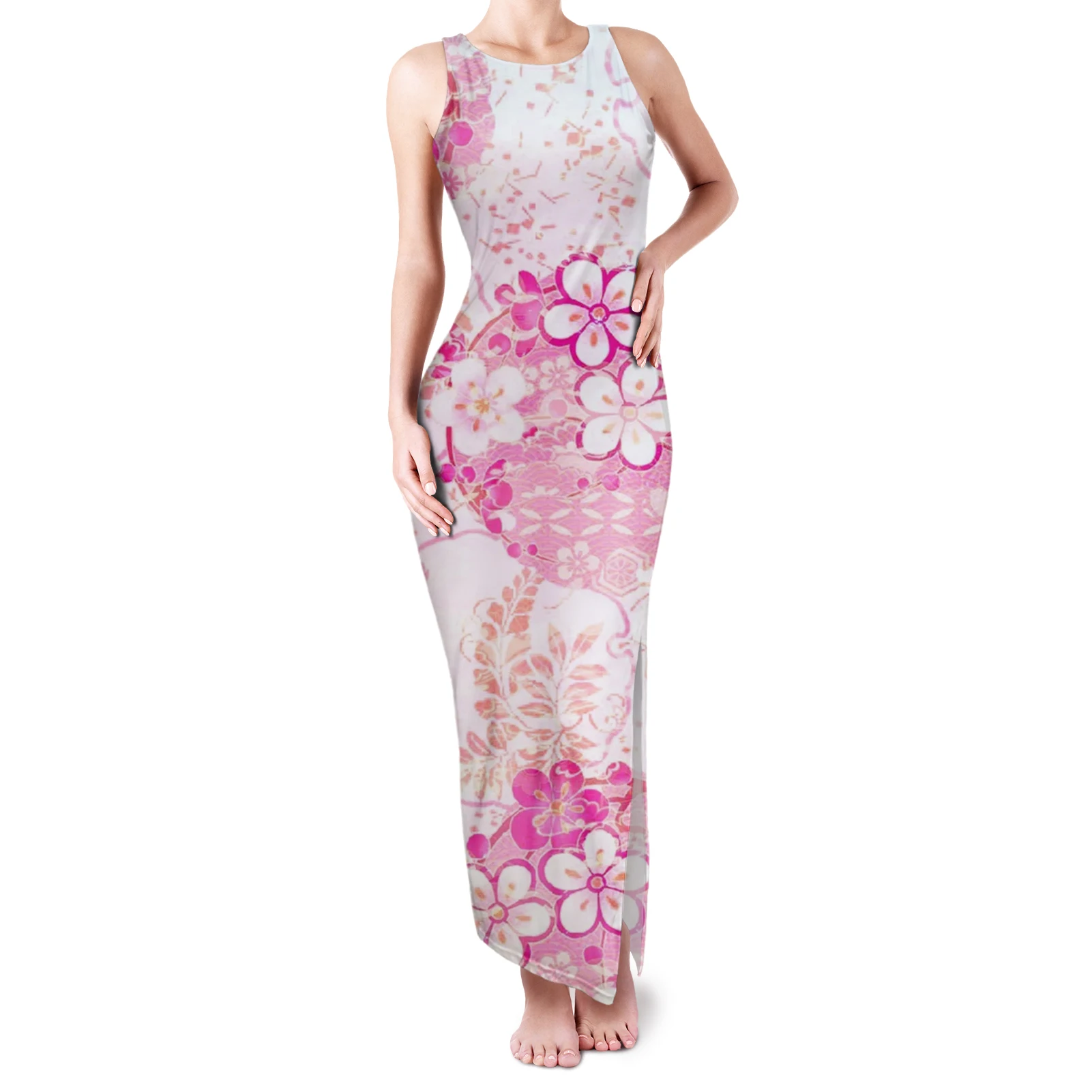 

Women Sexy Nightclub Japanese Style Cherry Blossom Dress Stretch Polyester Plus Size Long Bodycon Party Birthday Dress For Women