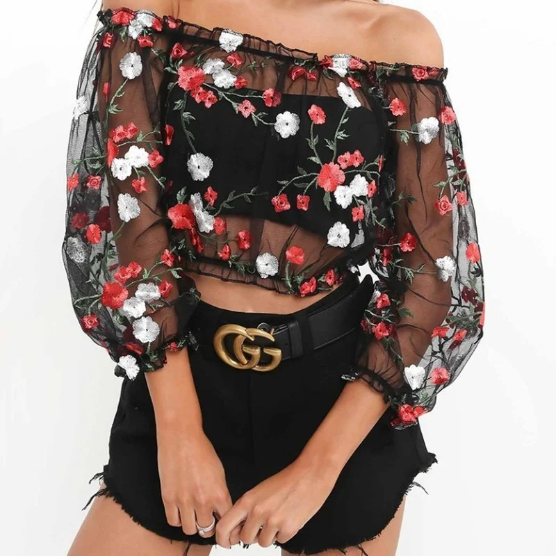 

Women Flowers Lace Off Shoulder Black T Shirt Harajuku Women Gothic T-Shirts Elegantes Embroidery Clothing Top Tshirt De Mujer