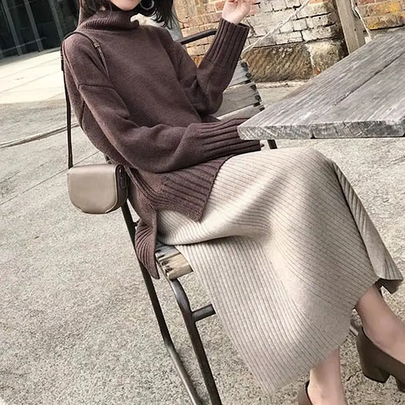 

Women 2021 Autumn Winter Knitted A-Liner Skirts Solid Basic Ladies High Waist Medium-Long Skirt Streetwear New Female Skirt A245