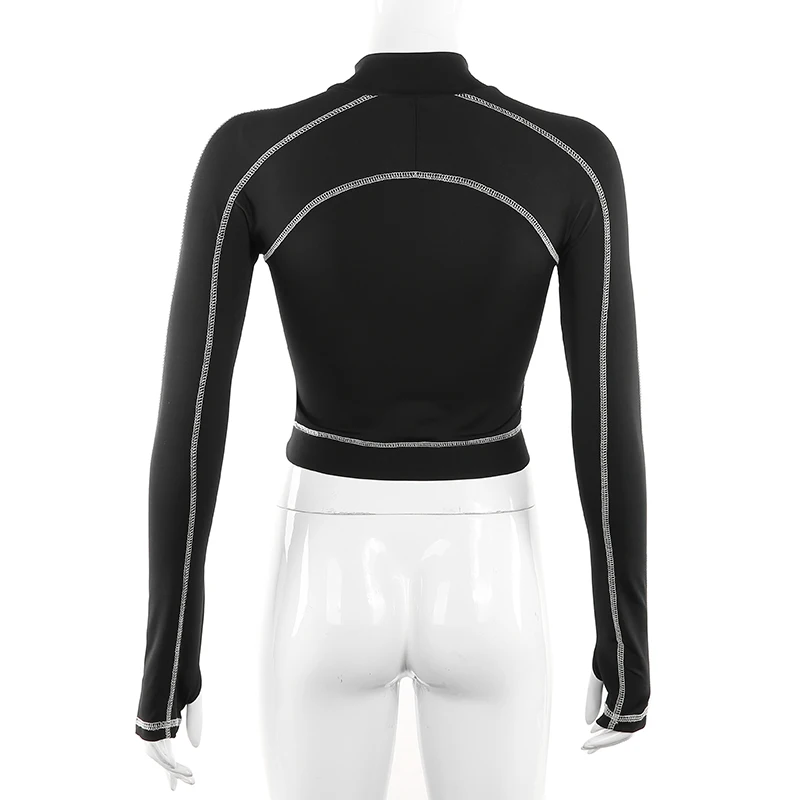 

2020 Autumn Casual Black Crop Top T Shirts Women Fitness Activewear Zipper Turtleneck Long Sleeve Striped Basic Tshirt