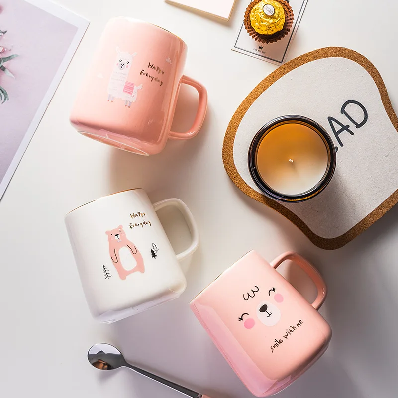 

Creative Ins Cute Cartoon Mug Coffee Milk Ceramic Teacup Couple Simple Home Kitchen Decoration Cups For Gift Sets