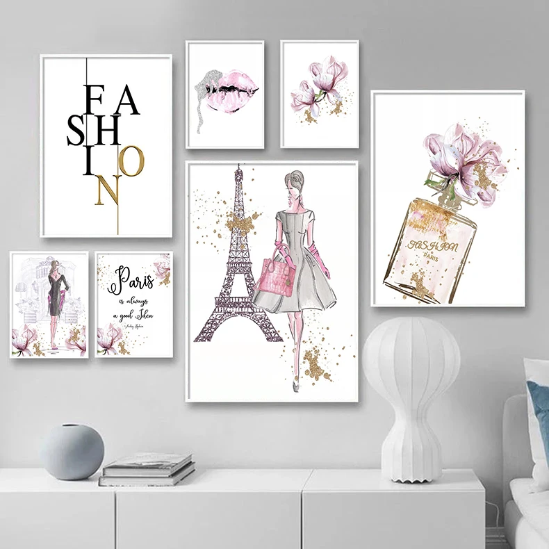 

Pastel Paris Fashion Lady Canvas Poster Print Perfume Pink Flower Modern Vogue Wall Art Watercolor Decoration Home Wall Picture