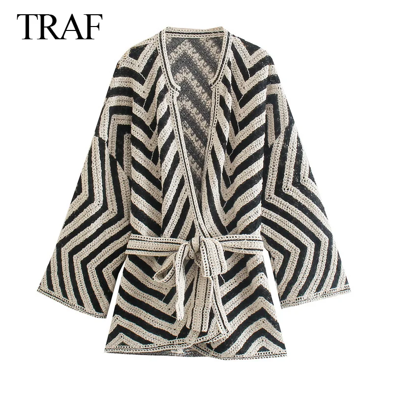 

TRAF ZA Women Autumn Cardigan 2021 Retro Solid Color Long Sleeve Striped Loose Knit Jacket Oversized Loose Sweater Jackets Mujer
