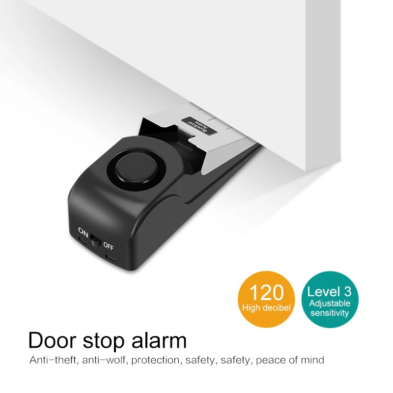 Mini Wireless Vibration Alarm 120dB Door Stop Alarm Security System Block Blocking System For Home Wedge Shaped Stopper Alert