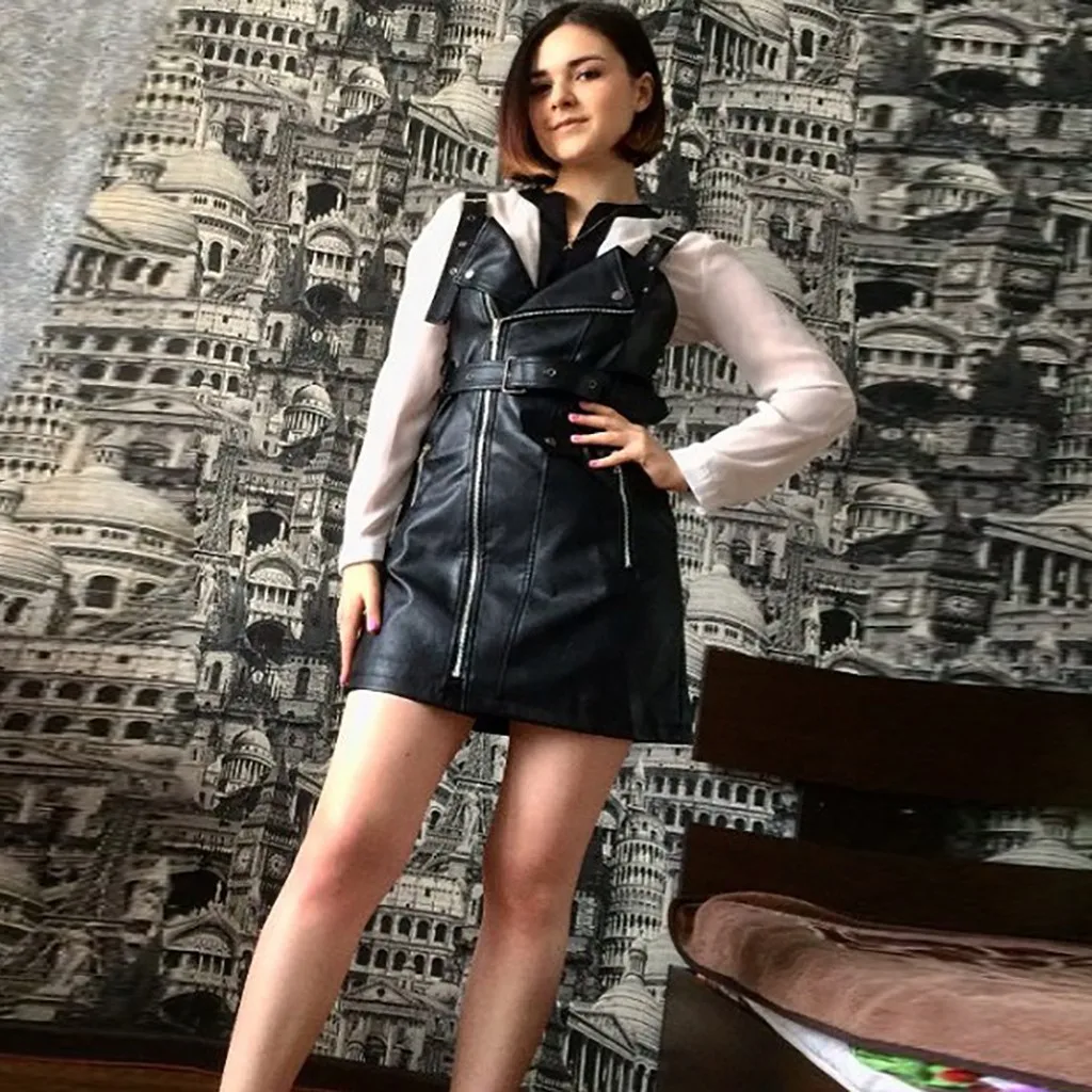 Женское Короткое облегающее платье из ПУ кожи черное готическое с ремнем пряжкой