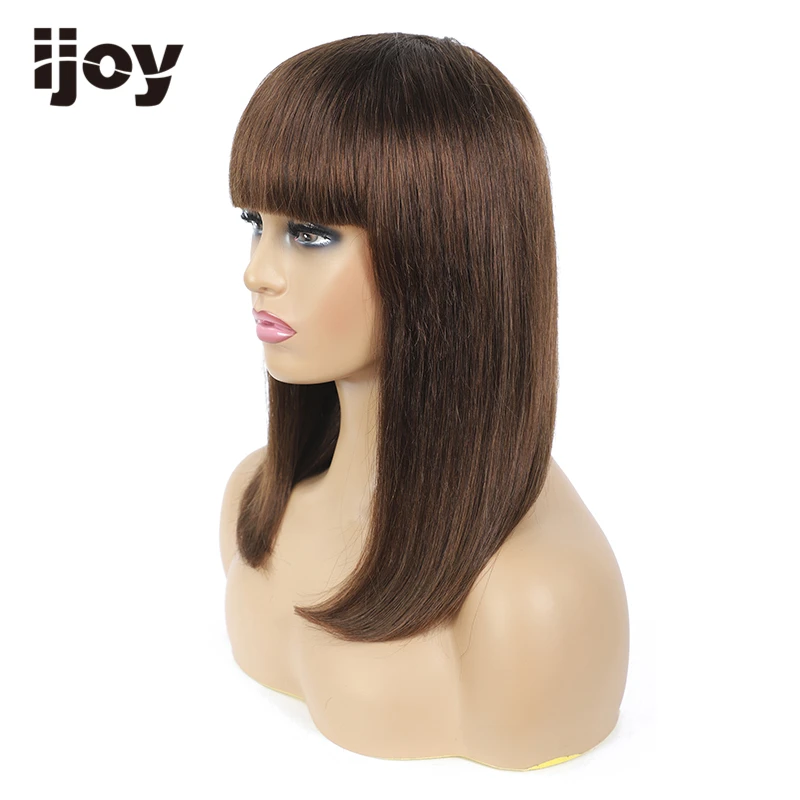 Парик из натуральных волос с челкой прямой парик Боб окрашенные темно-каштановые