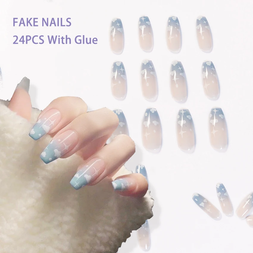 

French Clouds Fake Nails Long Blue Coffin Press on Nail Tips Artificial Full Cover Ballerina Wearable False Nails Art 24pcs/Set