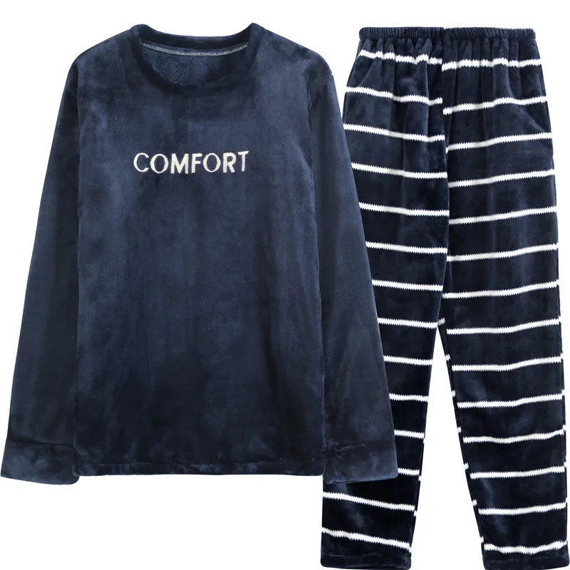 Plus Velvet Thicken Winter Men's Pajamas Set Long Sleeve O-neck Sleeping Tops Large Size Homewear Pajamas Sleep Loose Sleepwear