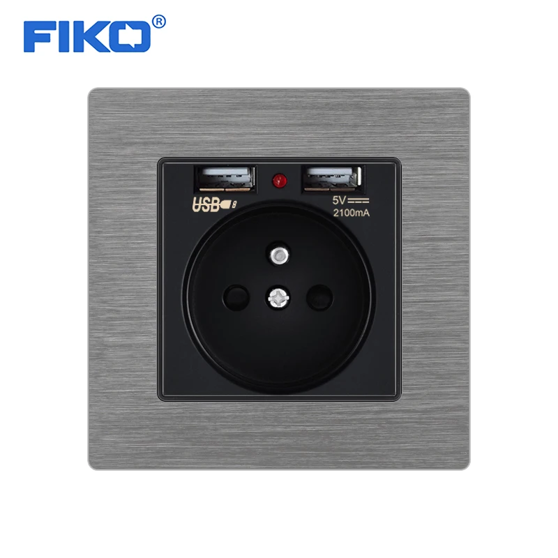 FIKO 16A FR/ EU standard USB socket Gold Aluminum alloy panel  ?86*86mm household wall power outlet  safety