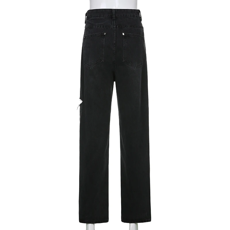 

Darlingaga Streetwear Straight Black Hole Ripped Jeans Women Fashion Punk Style Denim Trousers Retro Baggy Pants High Waist Jean