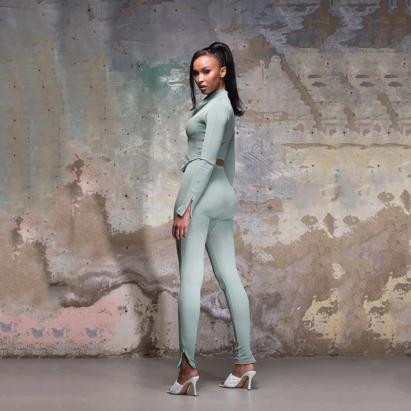 

Love Aing Long Sleeve Zipper Top Sexy Slim Firming Bodycon High Elasticity Women's Suit 2020 New Women's Two-Piece Suit