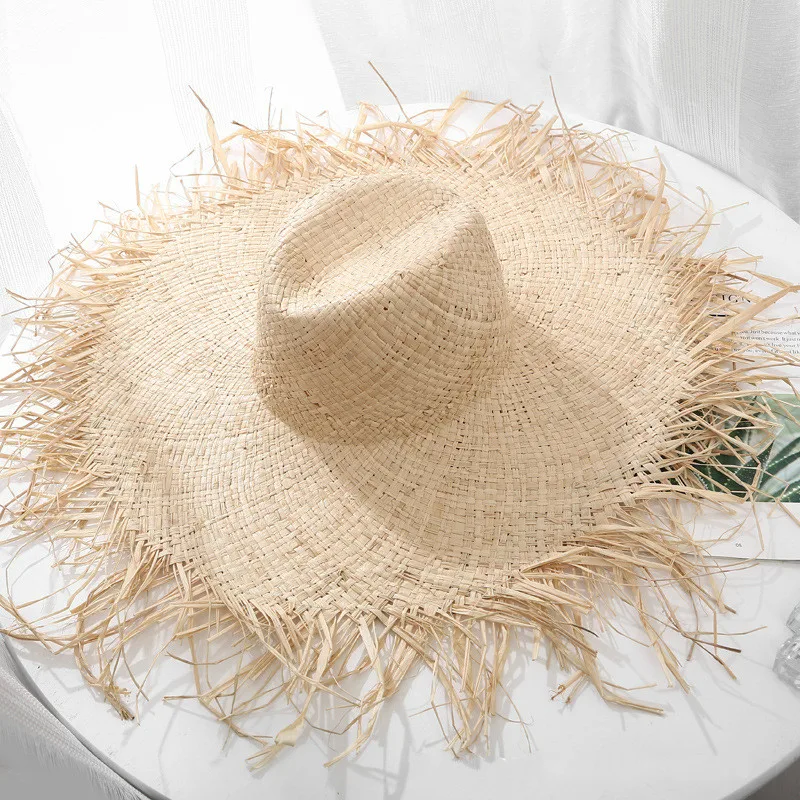 

100% Natural Large Wide Brim Floppy Hat Raffia Jazz Straw Hat Women Summer Fringe Beach Cap Hand Weave Sun Hat Wholesale