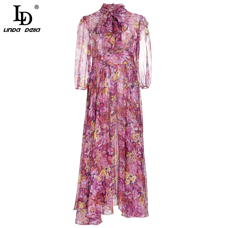 

LD LINDA DELLA Fashion Runway Spring Chiffon Dress Women Bow tie Lantern sleeve Flower print Bohemia Vacation Long Dress