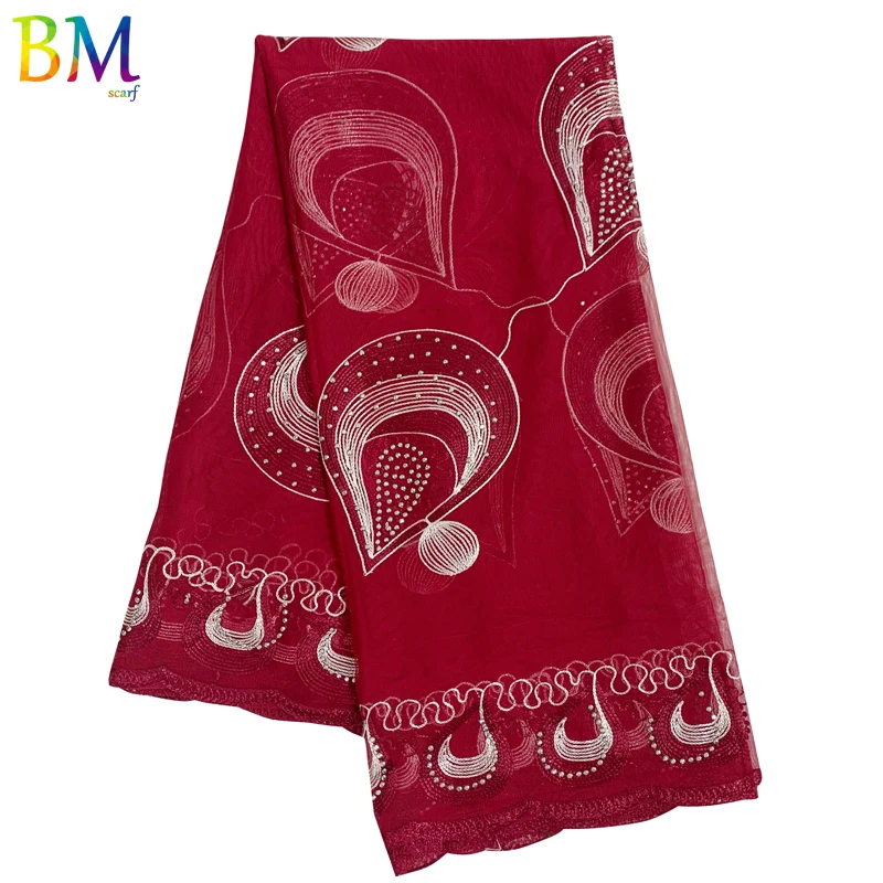 

African Women's Fashion Embroidered Gauze Scarf Hijabs Large Size 200*100cm Dubai India Wrap Scarf Muslim Turban BX106