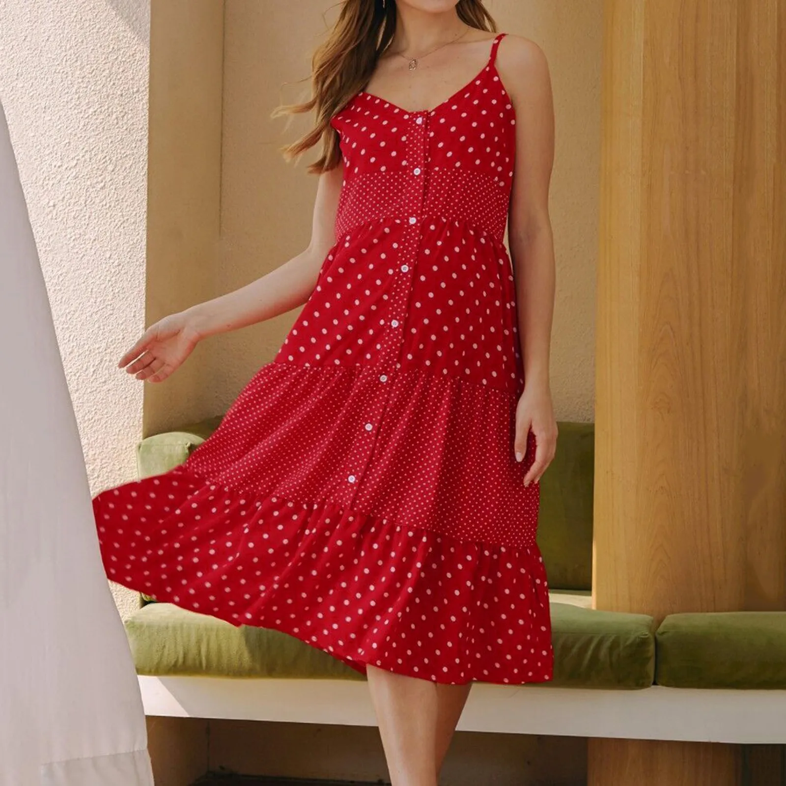 

Fashion Dress For Pregnant Women Red Wave Point Printed V-neck Sling Sleeveless Maternity Dresses Pregnancy Clothing Vestidos