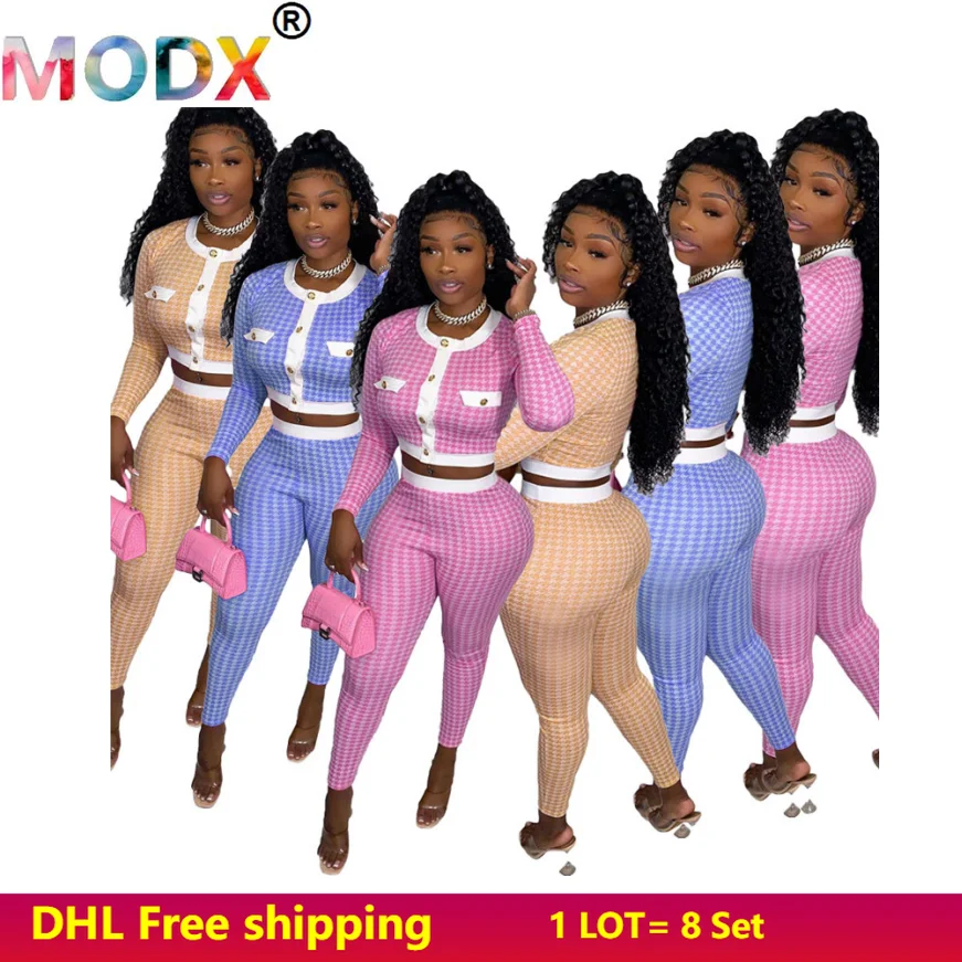 

Women Bird Lattice Print Tracksuits Casual Outfits Elegant Two Piece Set Button Crop Top+leggings Wholesale Fall Clothes 5804