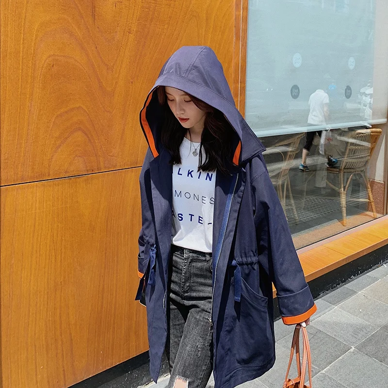 

Trench Coat for Women Spring Autumn Women Loose Casual Hooded Windbreaker Outerwear Female Vintage Elegant Mid-long Jacket D061
