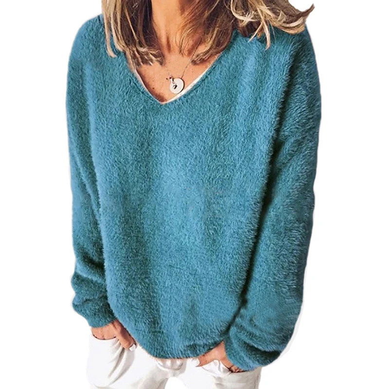 

Streetwear 5XL Large Size Soft Plush Sweater Casual Long Sleeve V-Neck Loose Pullovers Tops Autumn Winter Women Clothing Sweater