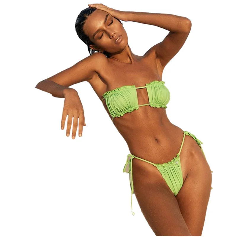 

Sexy Solid Bikini Set 2021 Women Pleated Bandeau Swimsuit Female Low Waist Swimwear Beach Thong Bathing Suit Beachwear Two-piece