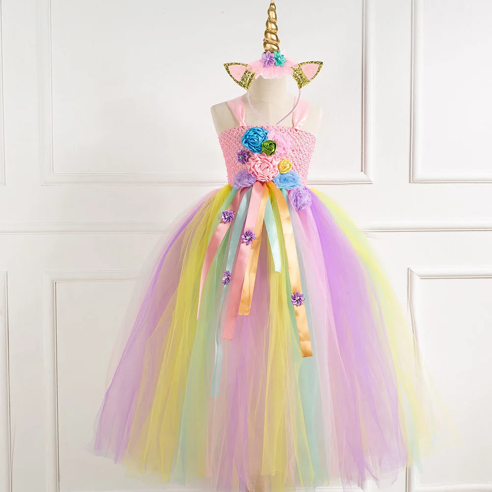 

Girls Pastel Unicorn Flower Tutu Dress Kids Crochet Tulle Strap Dress Ball Gown With Daisy Ribbons Children Party Costume Dress